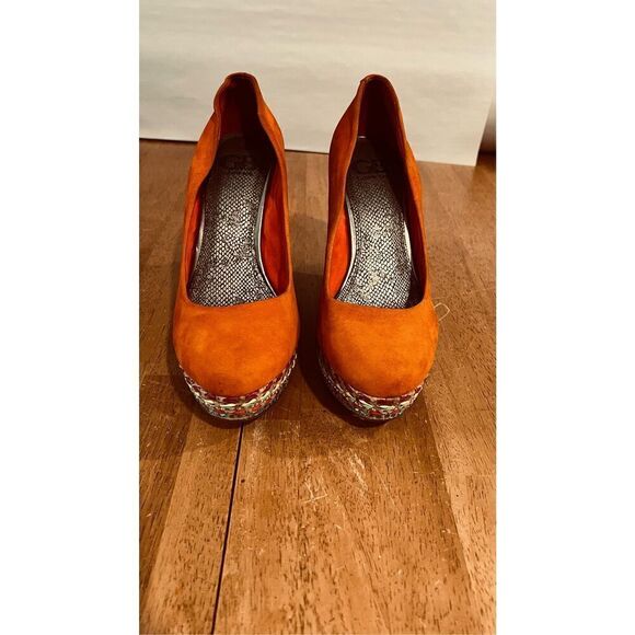 GIANNI BINI Orange Suede COrk Platform Wedges Shoes Womens SZ 8.5 - Picture 1 of 11